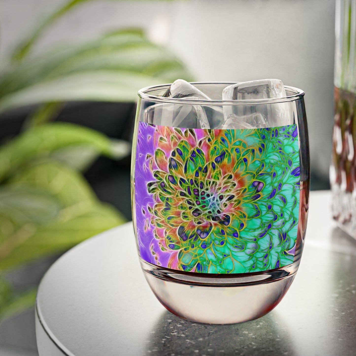 Abstract Peacock Chrysanthemum Whiskey Glass