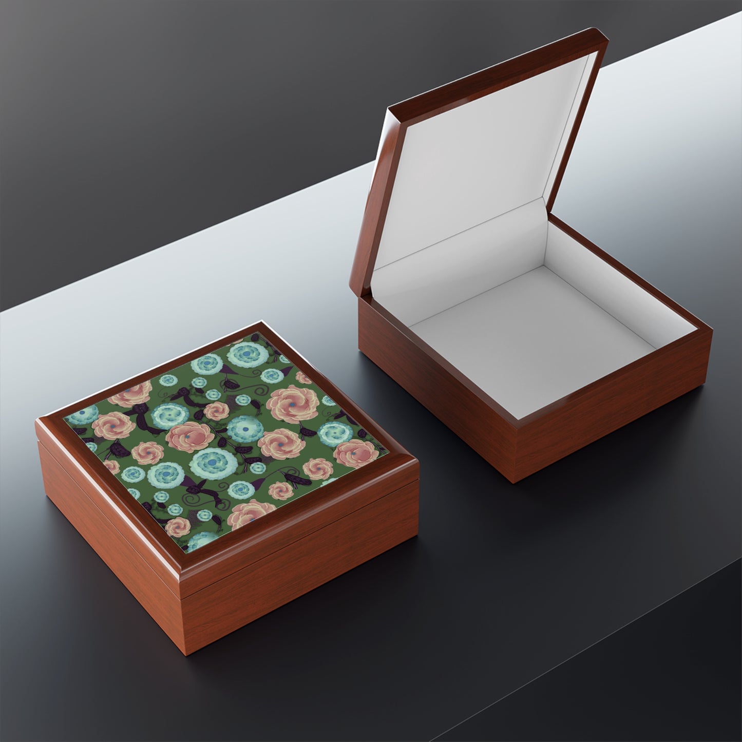 Earthy Peach and Turquoise Flower Pattern Jewelry Box