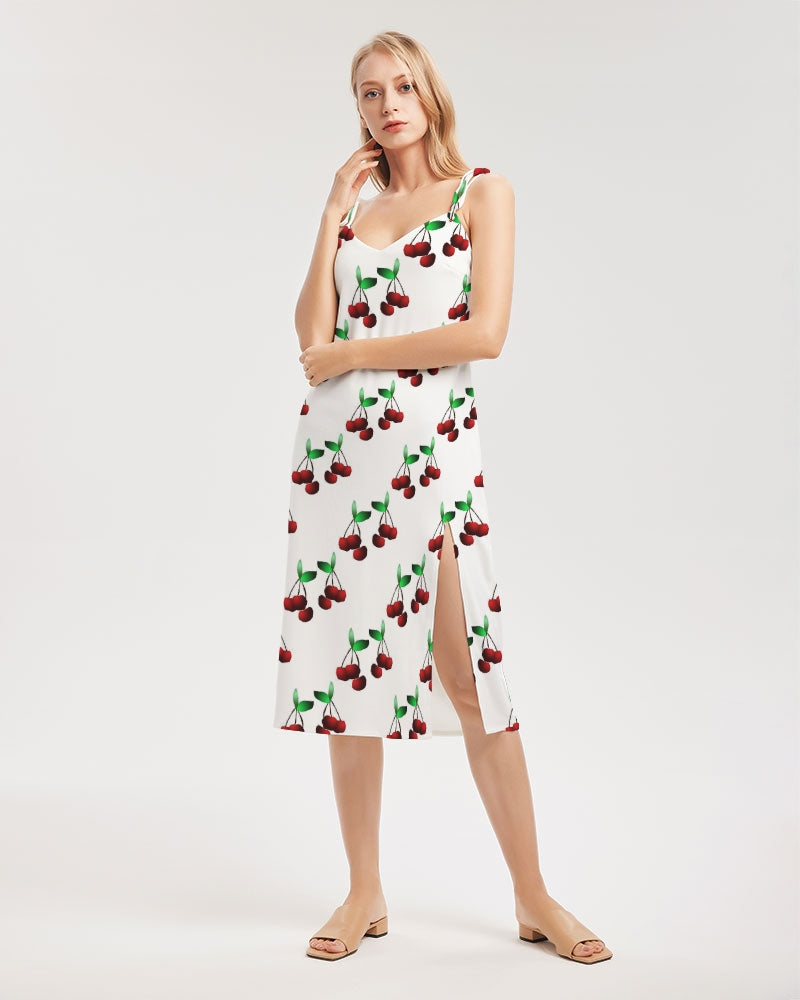 Cherries Pattern Women's All-Over Print Tie Strap Split Dress