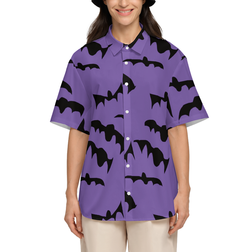 Bats Pattern Women's Short-Sleeve Button-Up Shirt-Cotton Feel