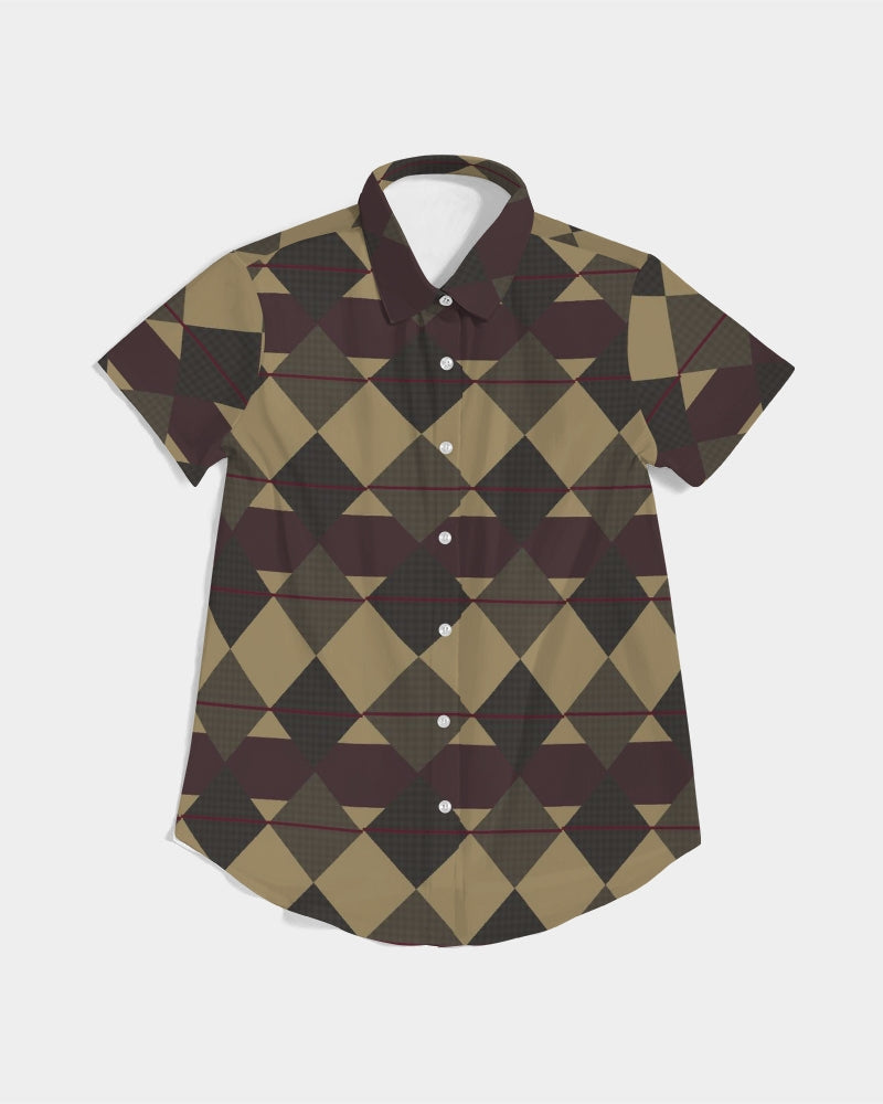 Checkered Brown Plaid Argyle Women's All-Over Print Short Sleeve Button Up