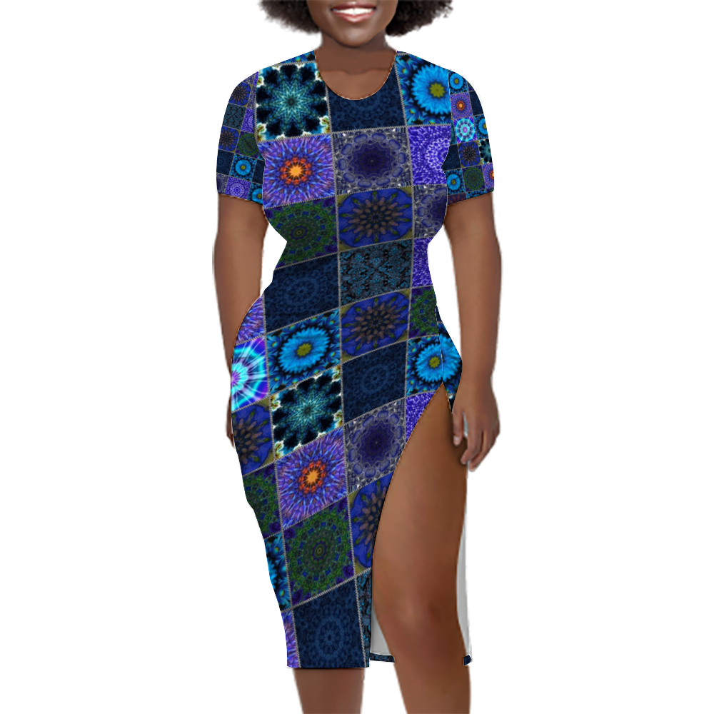 Blue Crazy Quilt Custom Women's Split Dress Summer Stylish Short Sleeve Dress