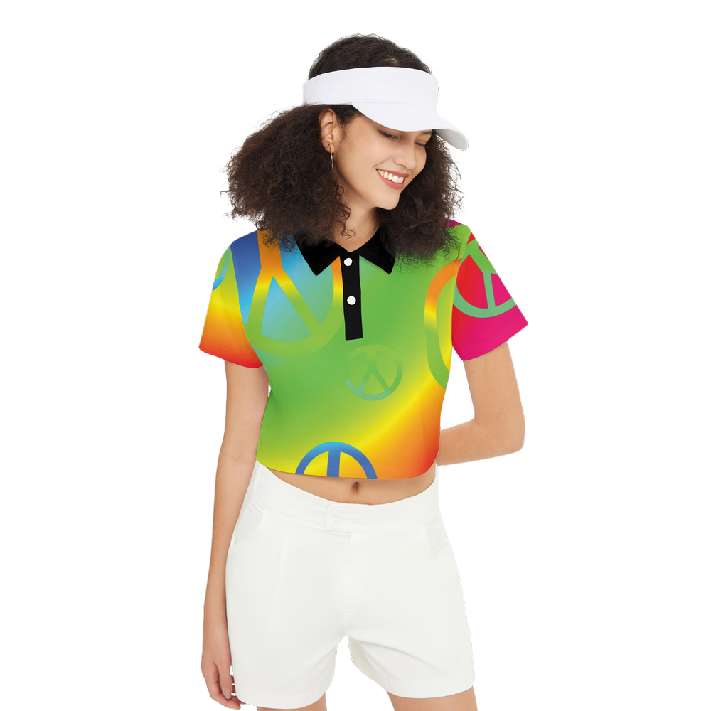 Rainbow Peace Signs Women's Short-Sleeve Crop Polo Shirt-Heavyweight 225g