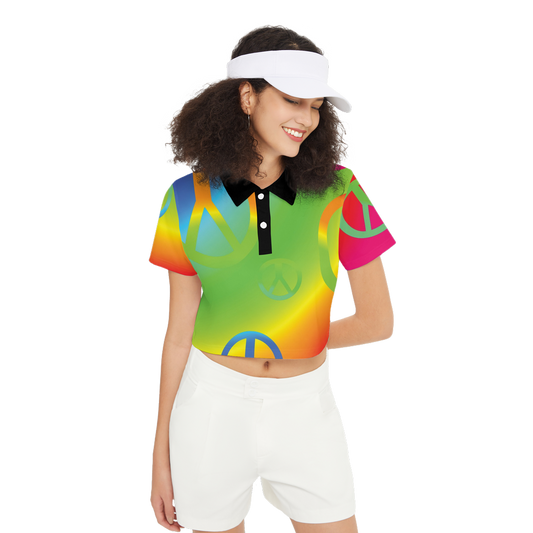 Rainbow Peace Signs Women's Short-Sleeve Crop Polo Shirt-Heavyweight 225g