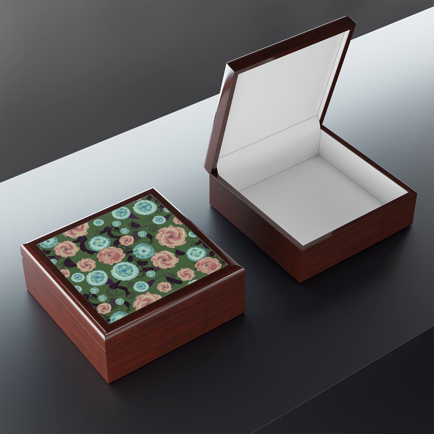 Earthy Peach and Turquoise Flower Pattern Jewelry Box