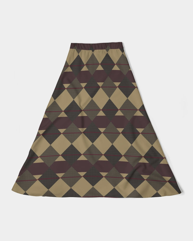 Checkered Brown Plaid Argyle Women's All-Over Print A-Line Midi Skirt