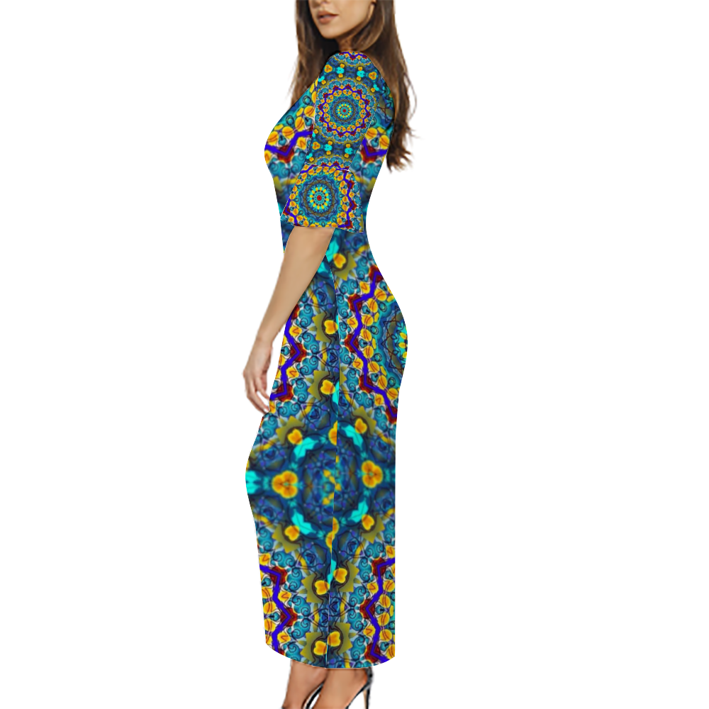 Blur Kaleidoscope Custom Lotus Leaf Short Sleeve Long Dress Women's Summer Fashion Dress