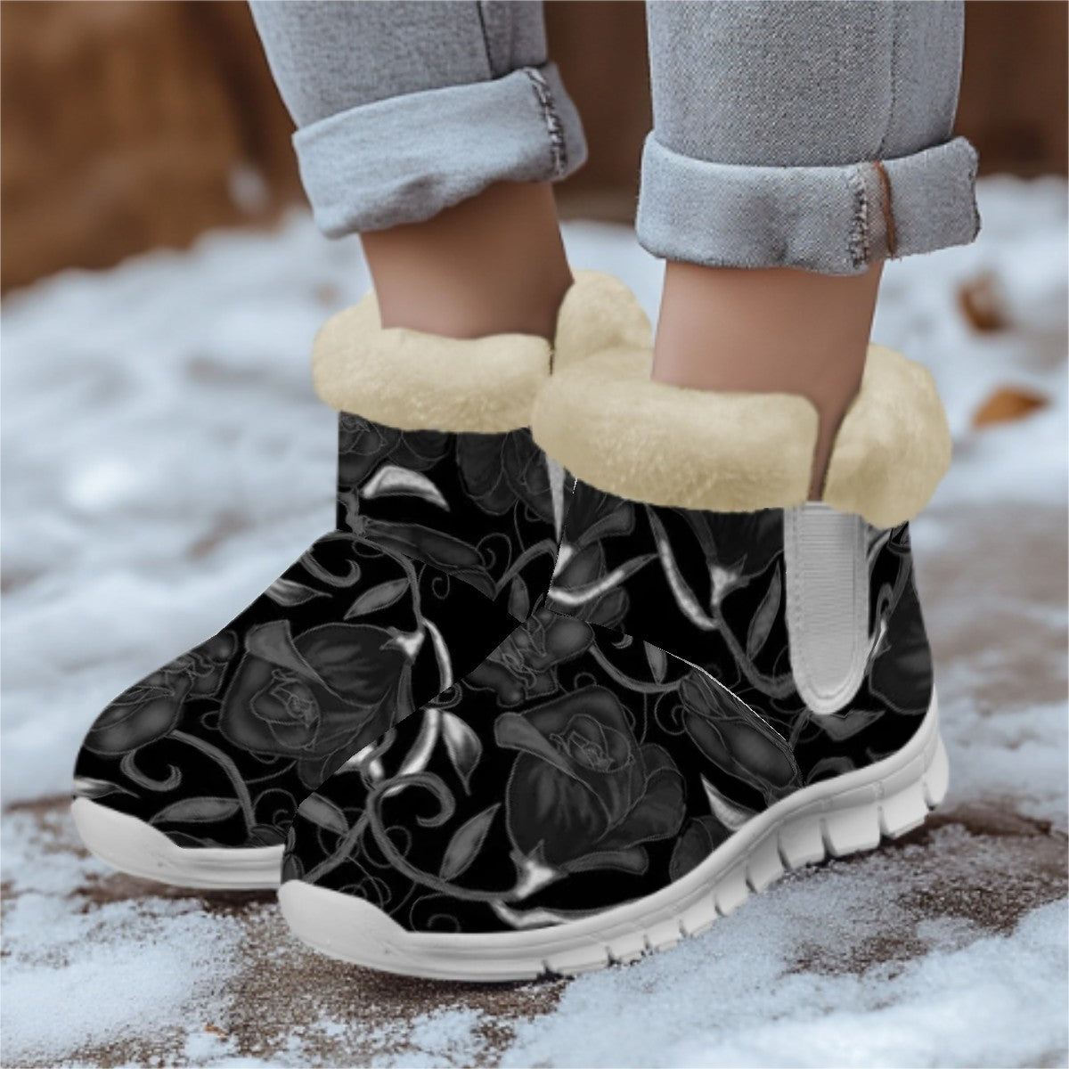 Snow Boots Black Roses