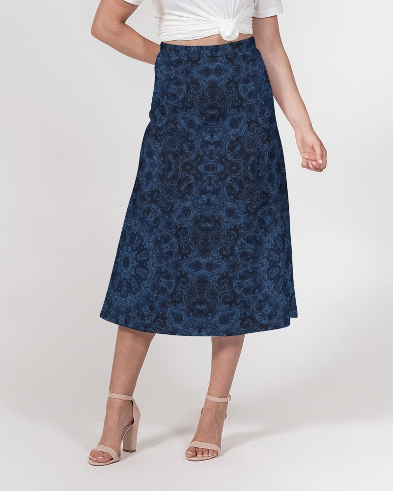 Blue Faux Velvet Kaleidoscope Women's All-Over Print A-Line Midi Skirt
