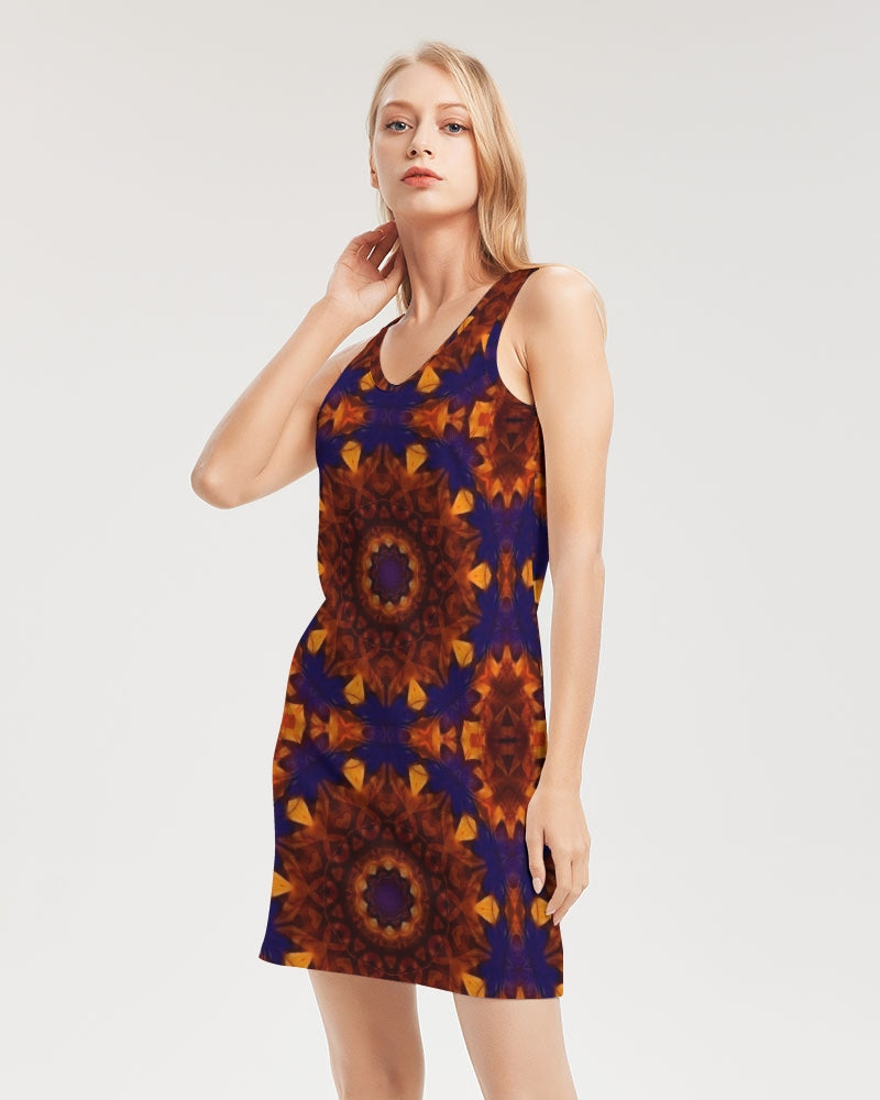 Blue Orange Red Kaleidoscope Women's All-Over PrintRib Knit V Neck Mini Dress