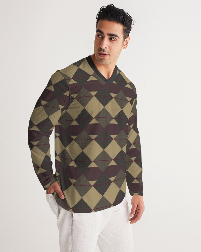 Checkered Brown Plaid Argyle Men's All-Over Print Long Sleeve Sports Jersey