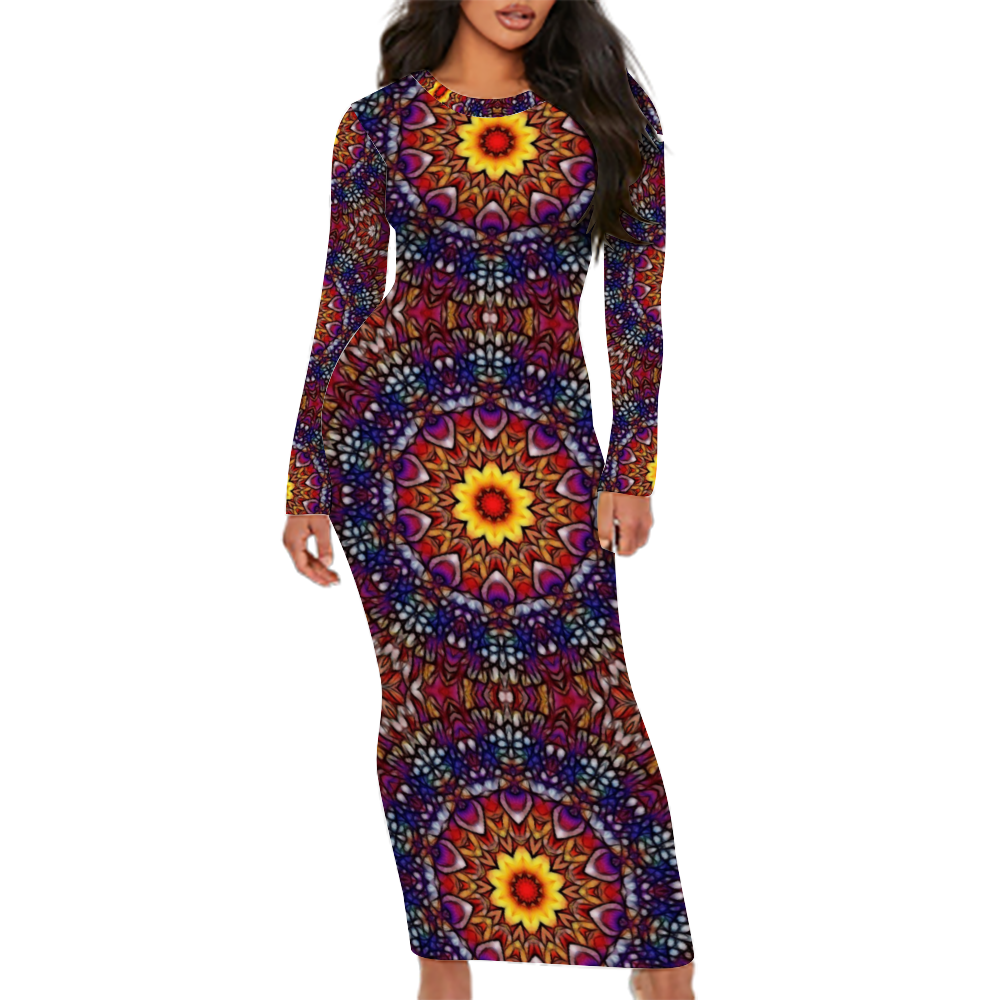 Blue Red Purple Kaleidoscope Custom Women's Long Sleeve Dress Summer All Over Print Stylish Long Dress