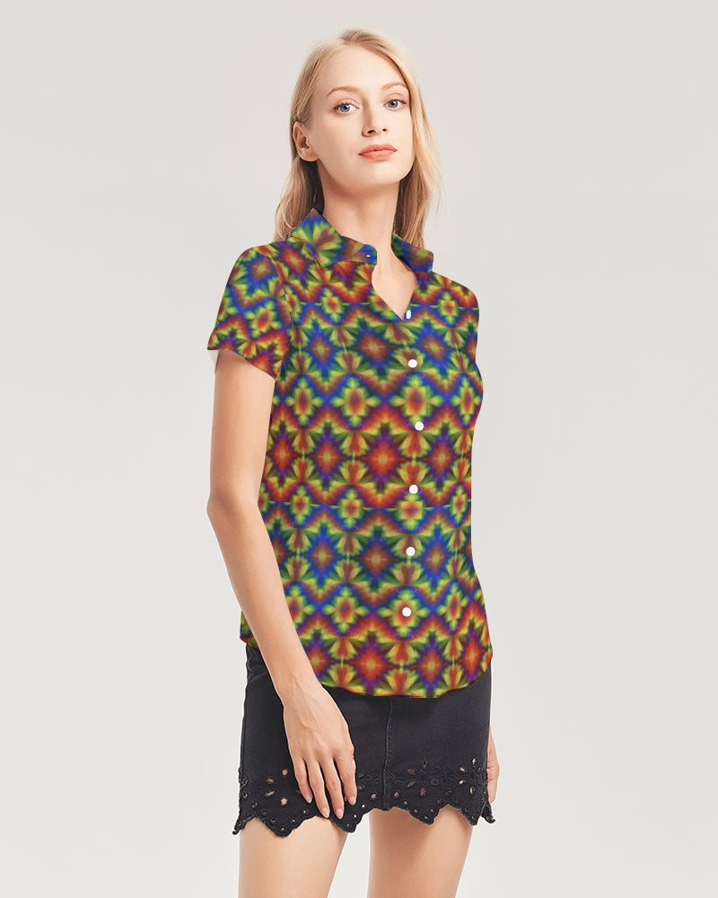 Carnival Kaleidoscope Women's All-Over Print Short Sleeve Button Up