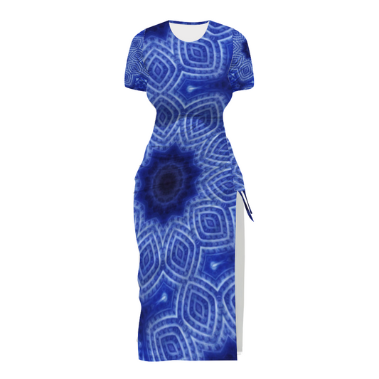Blue and White Striped Kaleidoscope Custom Women's Split Dress Summer Stylish Short Sleeve Dress