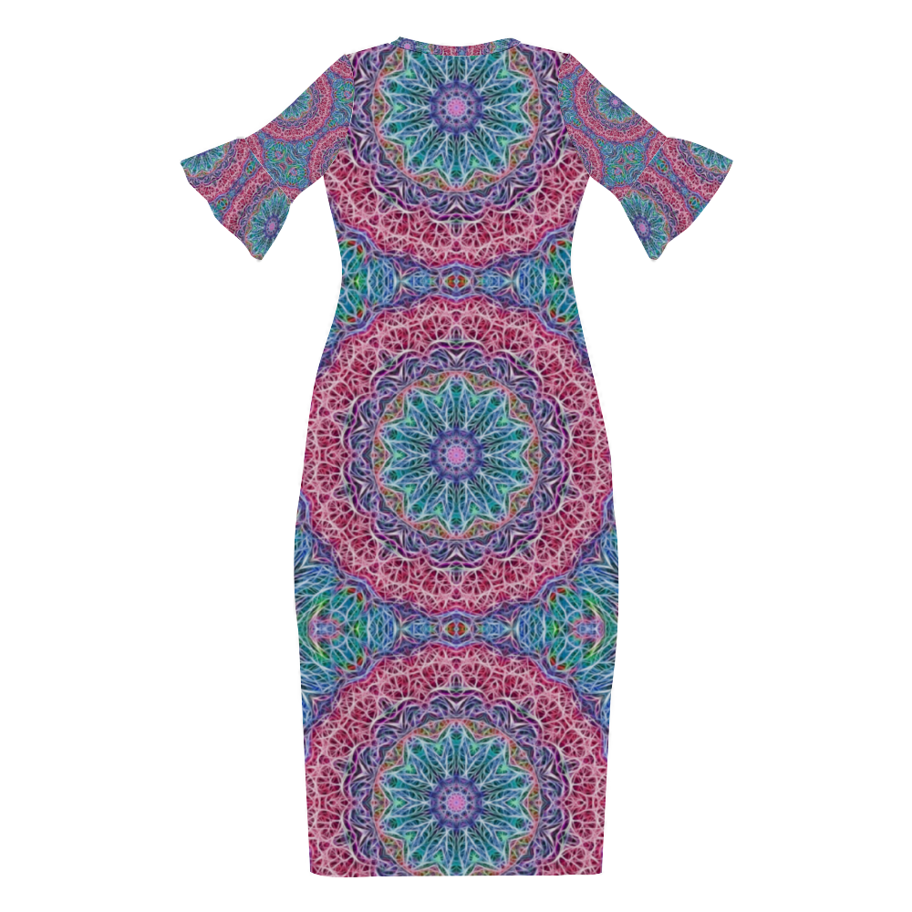 Blue and Pink Kaleidoscope Custom Lotus Leaf Short Sleeve Long Dress Women's Summer Fashion Dress