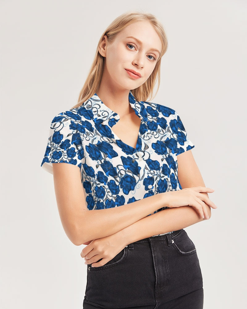 Blue Roses Women's All-Over Print Short Sleeve Button Up