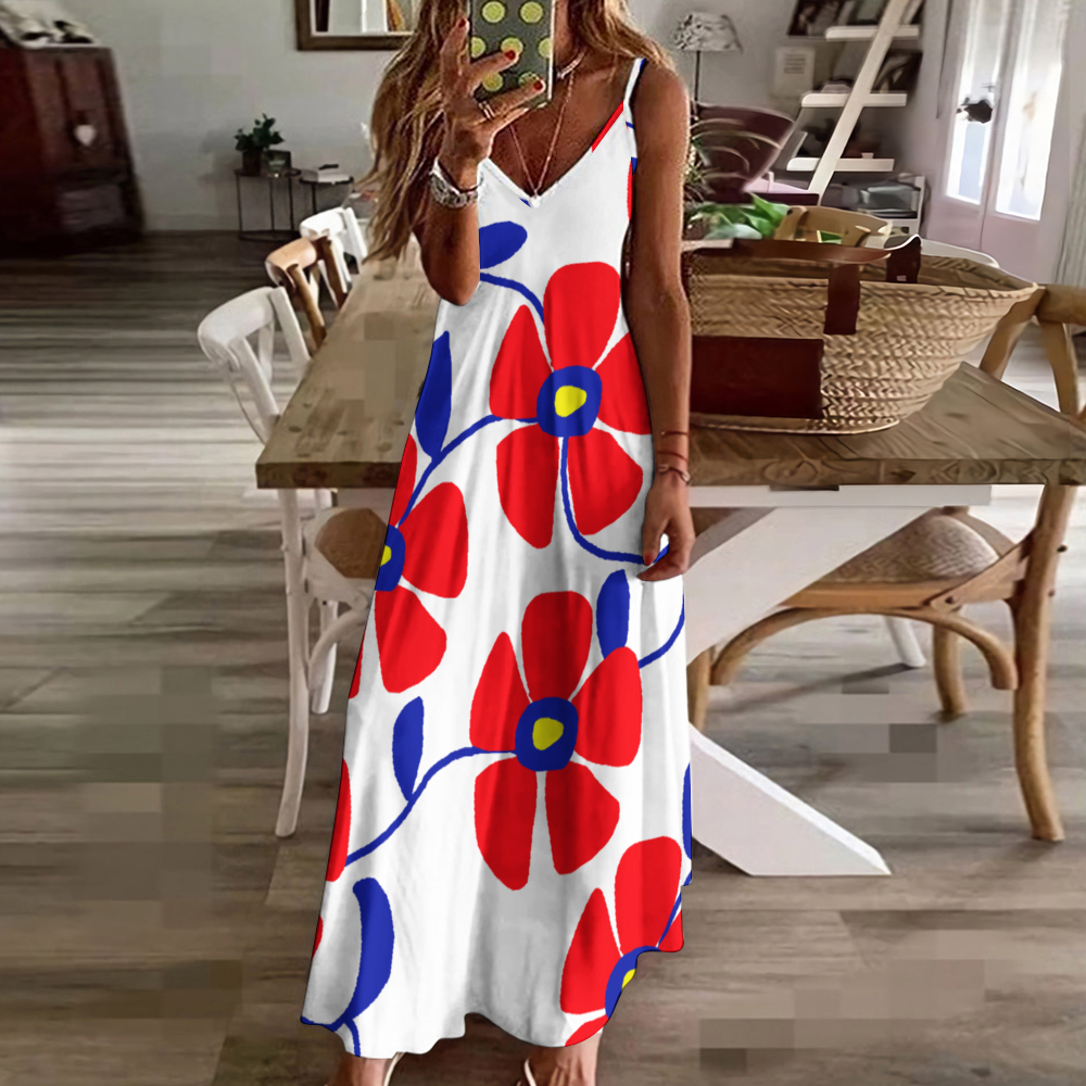 Blue Flowers Red Thorns Custom All Over Print Women's Summer Fashion Slip Dress Long Skirts