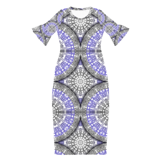 Blue and White Vines Pattern Custom Lotus Leaf Short Sleeve Long Dress Women's Summer Fashion Dress