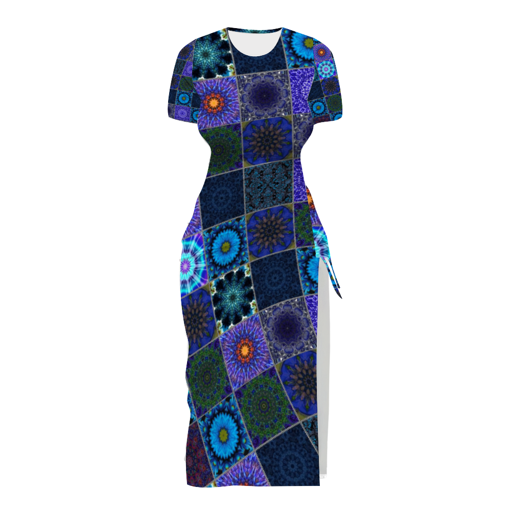 Blue Crazy Quilt Custom Women's Split Dress Summer Stylish Short Sleeve Dress