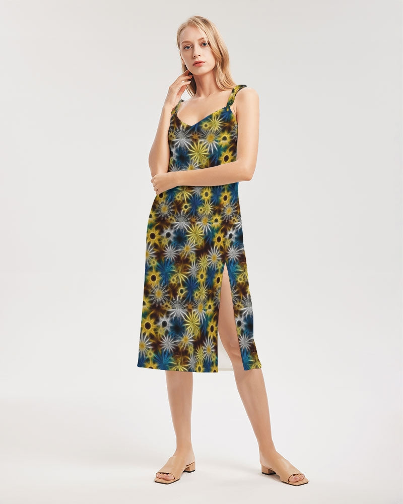 Blue and Yellow Glowing Daisies Women's All-Over Print Tie Strap Split Dress