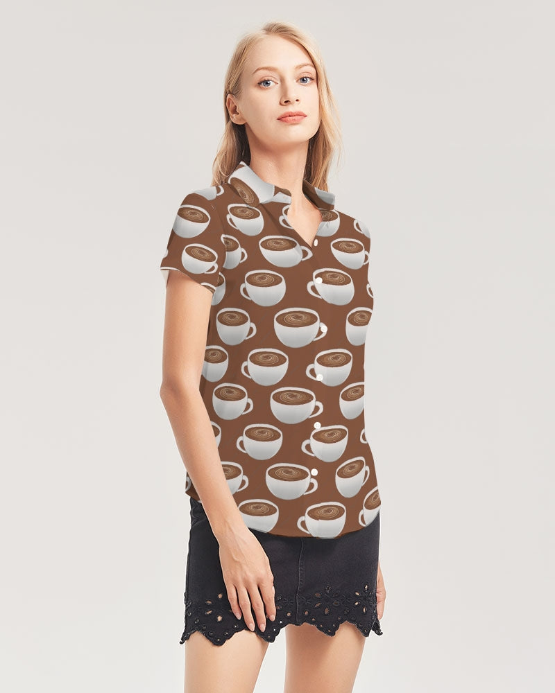 Coffee on Coffee Women's All-Over Print Short Sleeve Button Up