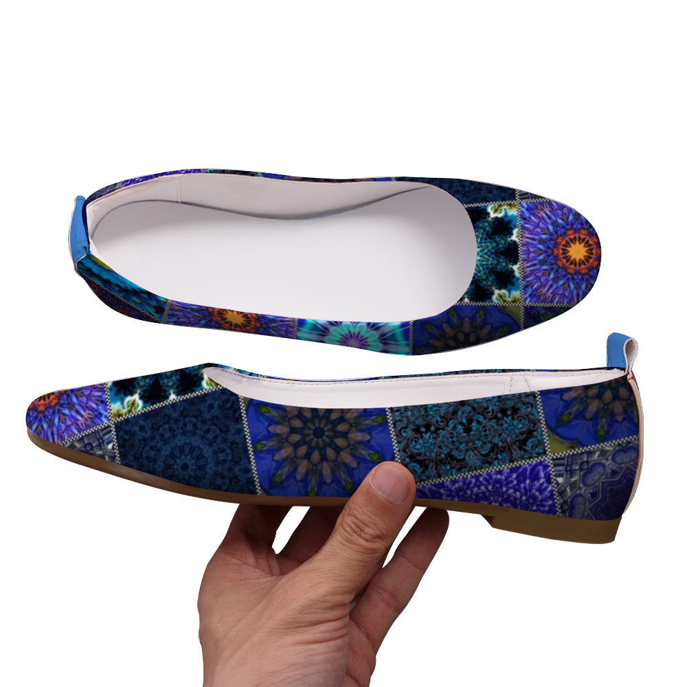 Blue Crazy Quilt Custom Unisex Flat Shoes Leather Shoes Comfortable Round Toe Slip