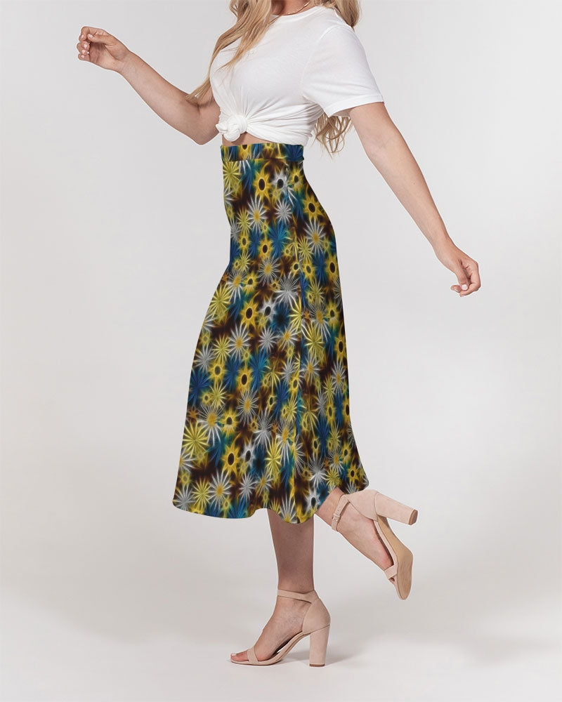 Blue and Yellow Glowing Daisies Women's All-Over Print A-Line Midi Skirt