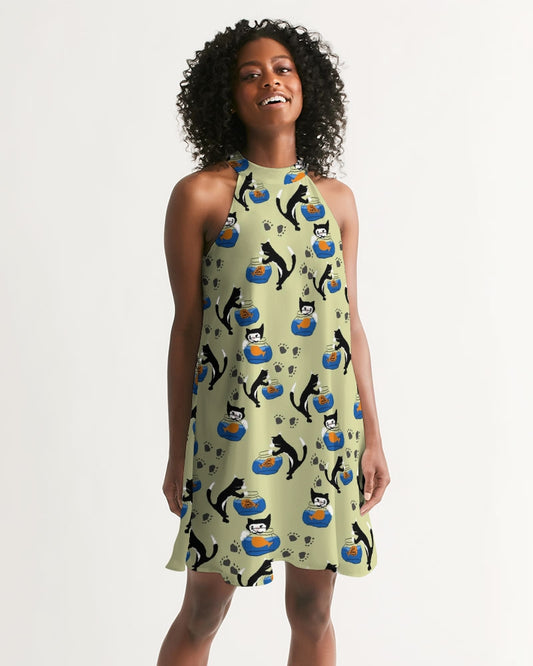 Cat and a Fishbowl Women's All-Over Print Halter Dress