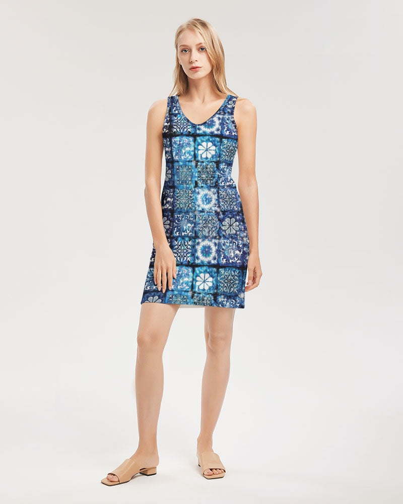 Blue Ice Crystals Motif Women's All-Over PrintRib Knit V Neck Mini Dress