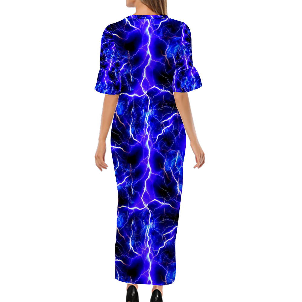 Blue Lightning Custom Lotus Leaf Short Sleeve Long Dress Women's Summer Fashion Dress