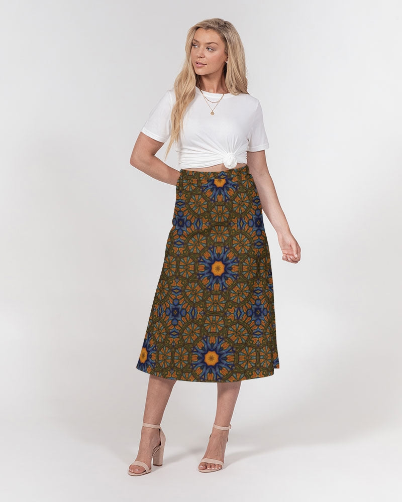 Blue and Yellow Sketch Kaleidoscope  Women's All-Over Print A-Line Midi Skirt