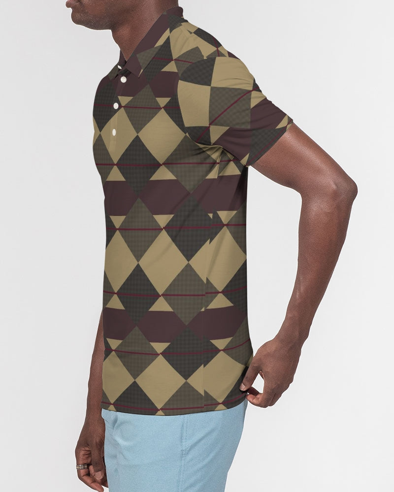 Checkered Brown Plaid Argyle Men's All-Over Print Slim Fit Short Sleeve Polo