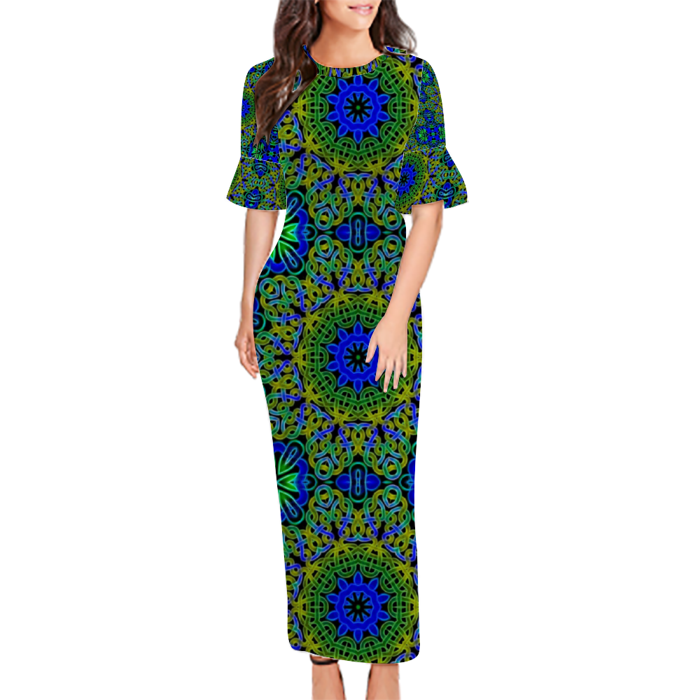 Blue Green Celtic Kaleidoscope Custom Lotus Leaf Short Sleeve Long Dress Women's Summer Fashion Dress