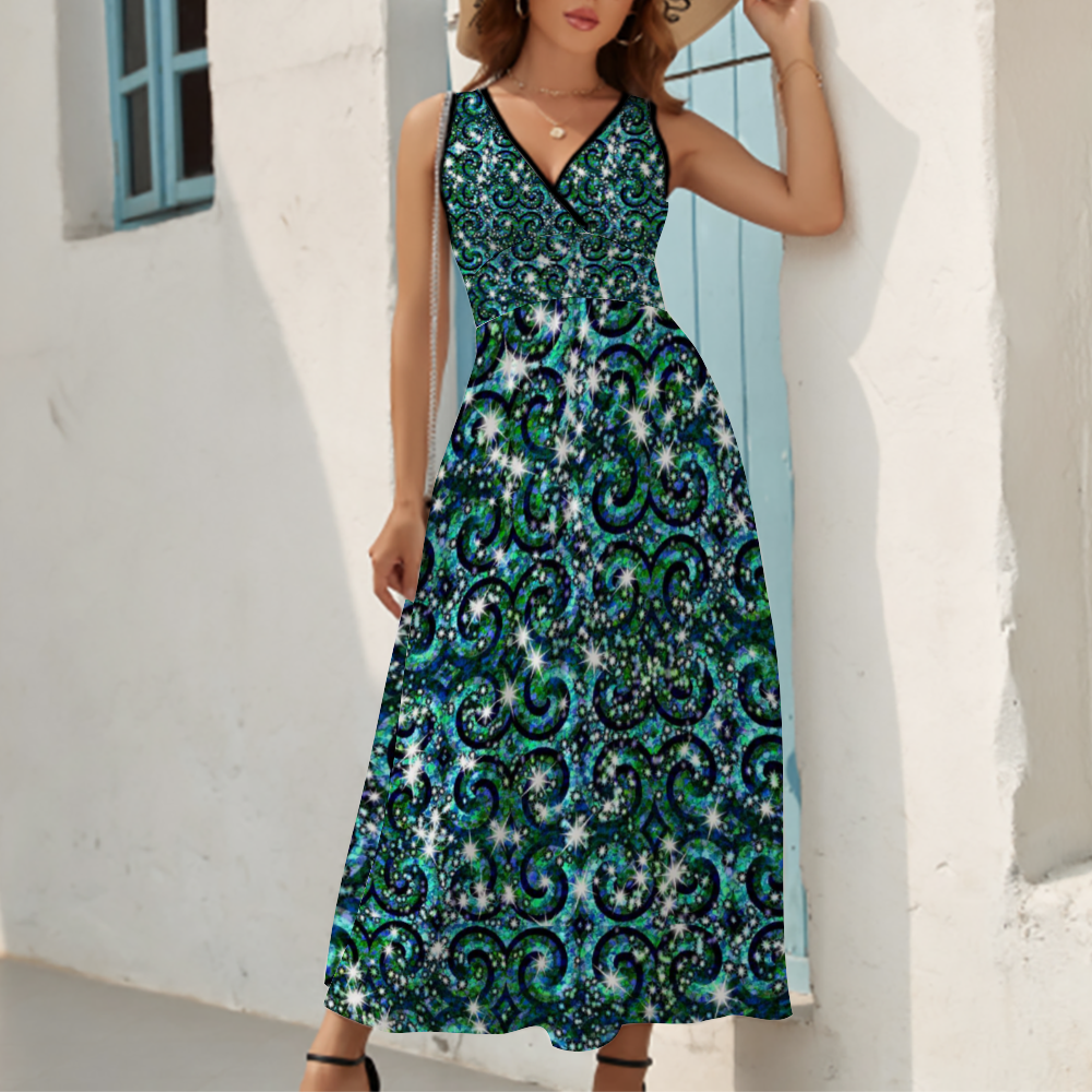 Blue Green Sparkle Swirl Custom All Over Print Women's Sleeveless Dress Summer Fashion Long Skirts