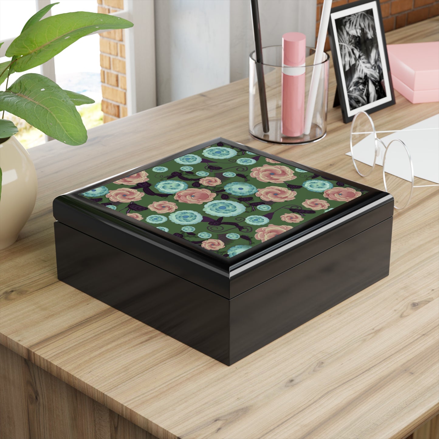 Earthy Peach and Turquoise Flower Pattern Jewelry Box