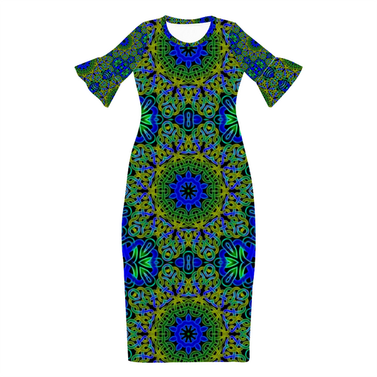 Blue Green Celtic Kaleidoscope Custom Lotus Leaf Short Sleeve Long Dress Women's Summer Fashion Dress