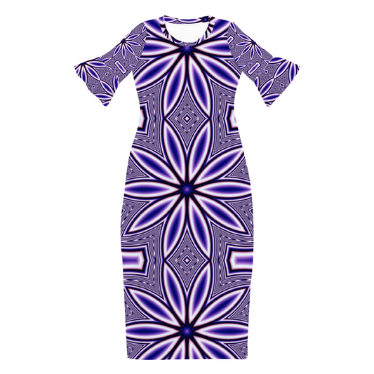 Blue Fractal Flower Custom Lotus Leaf Short Sleeve Long Dress Women's Summer Fashion Dress