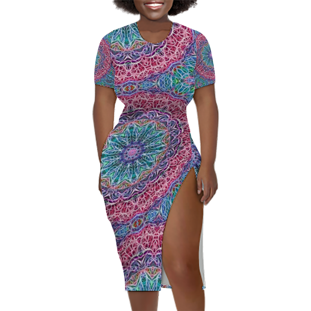 Blue and Pink Kaleidoscope Custom Women's Split Dress Summer Stylish Short Sleeve Dress