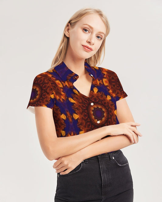 Blue Orange Red Kaleidoscope Women's All-Over Print Short Sleeve Button Up