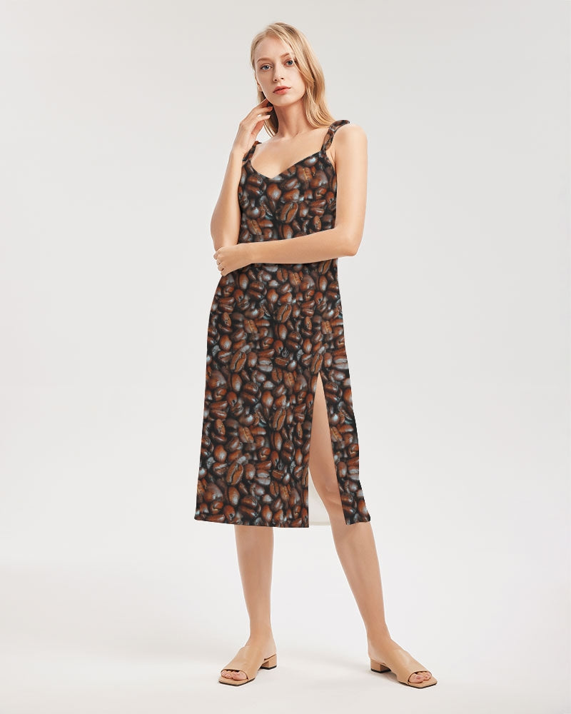 Coffee Bean Pattern Women's All-Over Print Tie Strap Split Dress