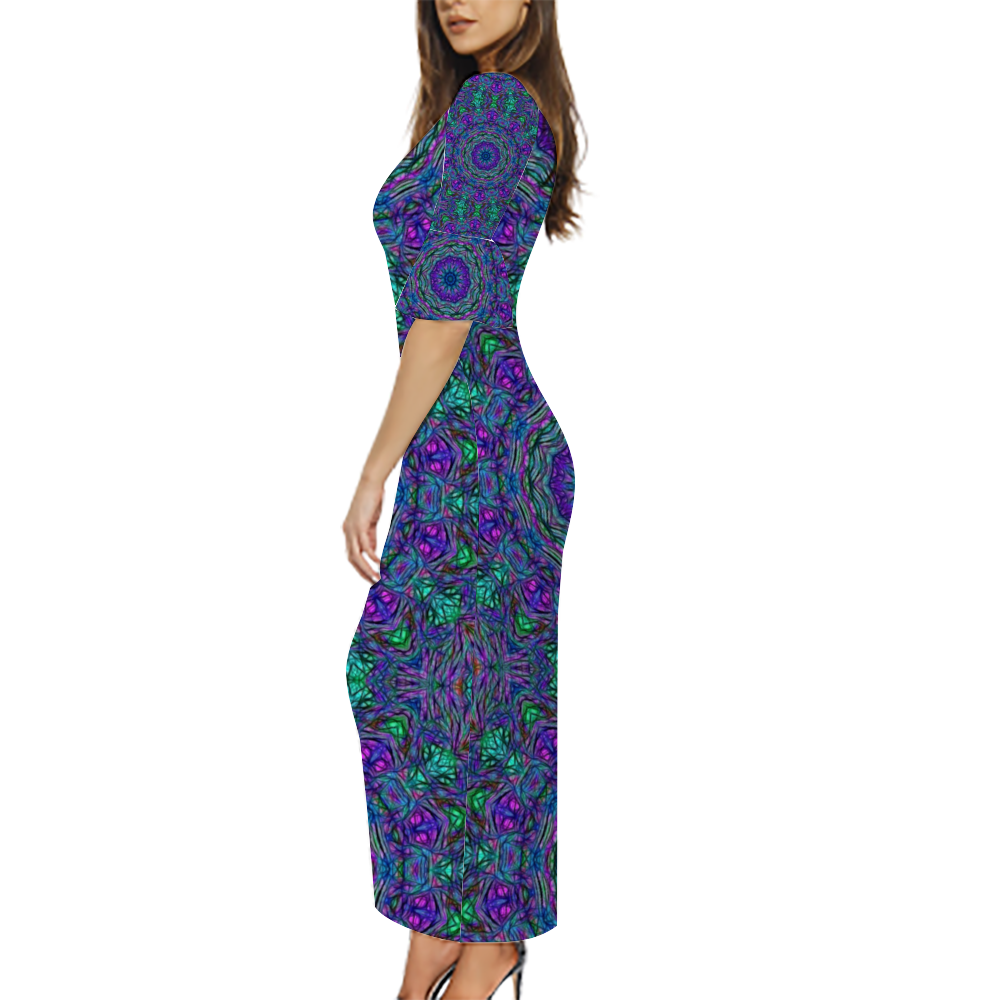 Blue Green Purple Kaleidoscope Custom Lotus Leaf Short Sleeve Long Dress Women's Summer Fashion Dress