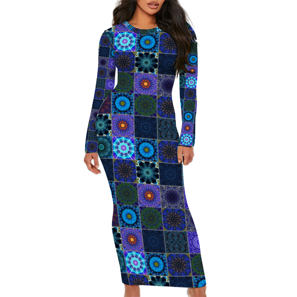 Blue Crazy Quilt Custom Women's Long Sleeve Dress Summer All Over Print Stylish Long Dress