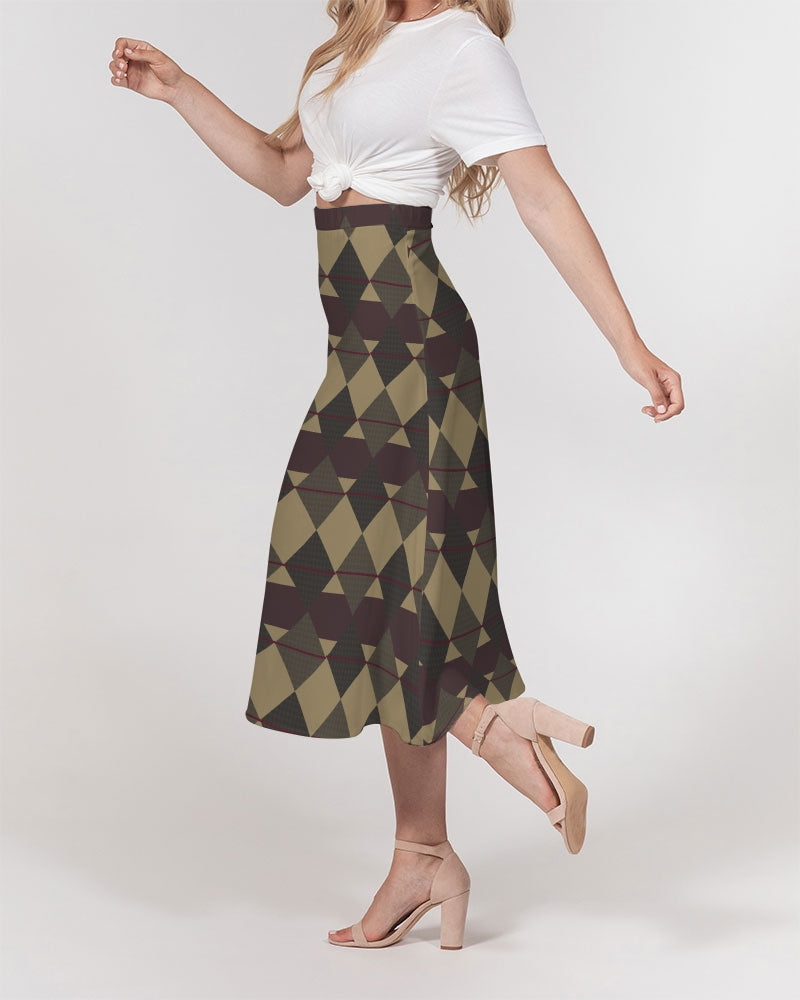 Checkered Brown Plaid Argyle Women's All-Over Print A-Line Midi Skirt