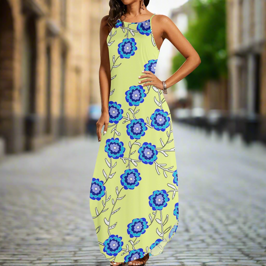 Blue Flowers On Yellow Womens Elegant Sleeveless Party Dress