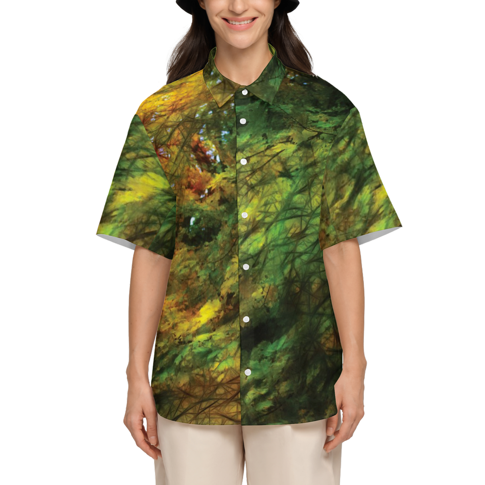 Fall Color Abstract Women's Short-Sleeve Button-Up Shirt-Cotton Feel