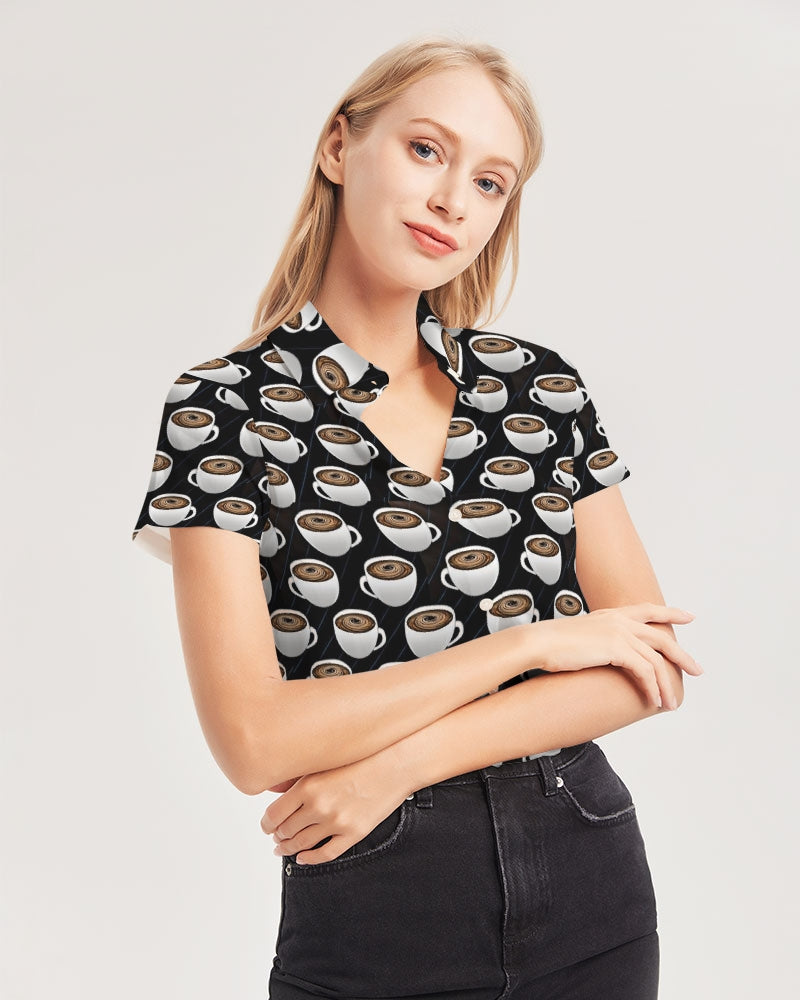 Coffee Pattern Women's All-Over Print Short Sleeve Button Up