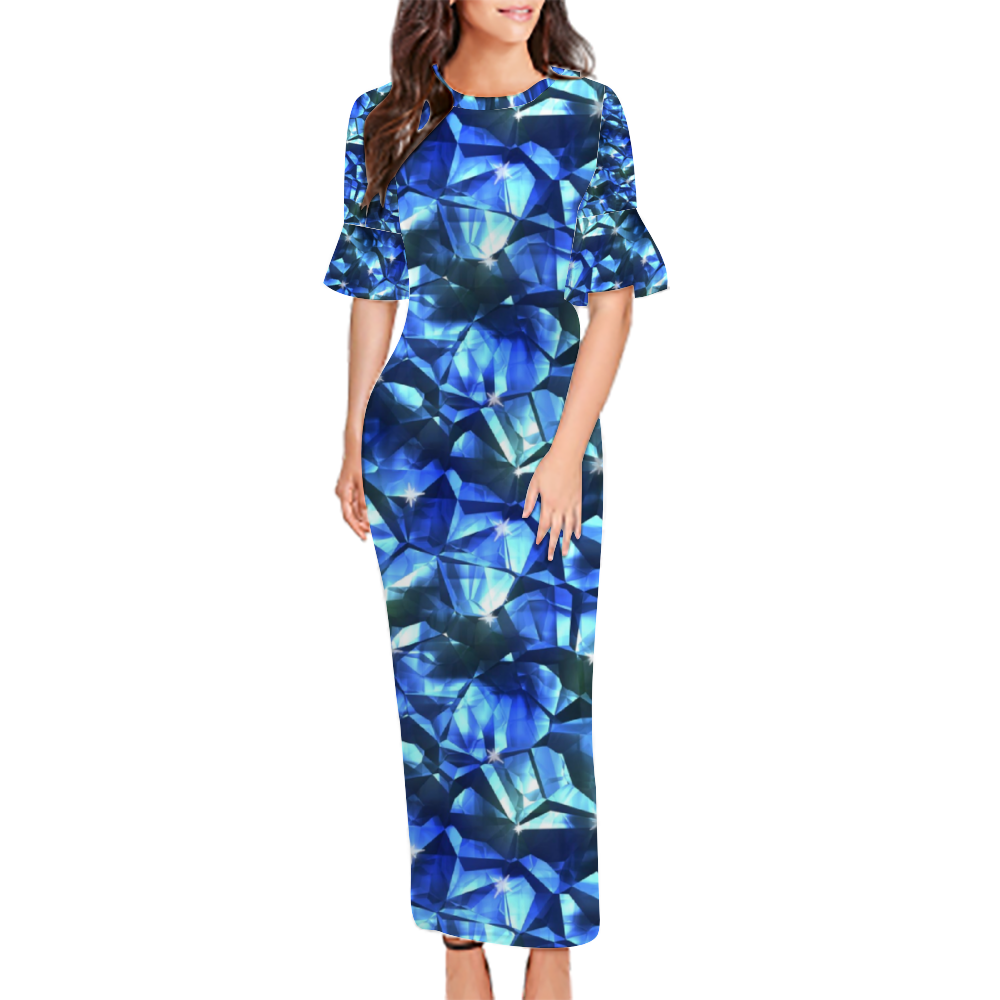 Blue Crystal Pattern Custom Lotus Leaf Short Sleeve Long Dress Women's Summer Fashion Dress