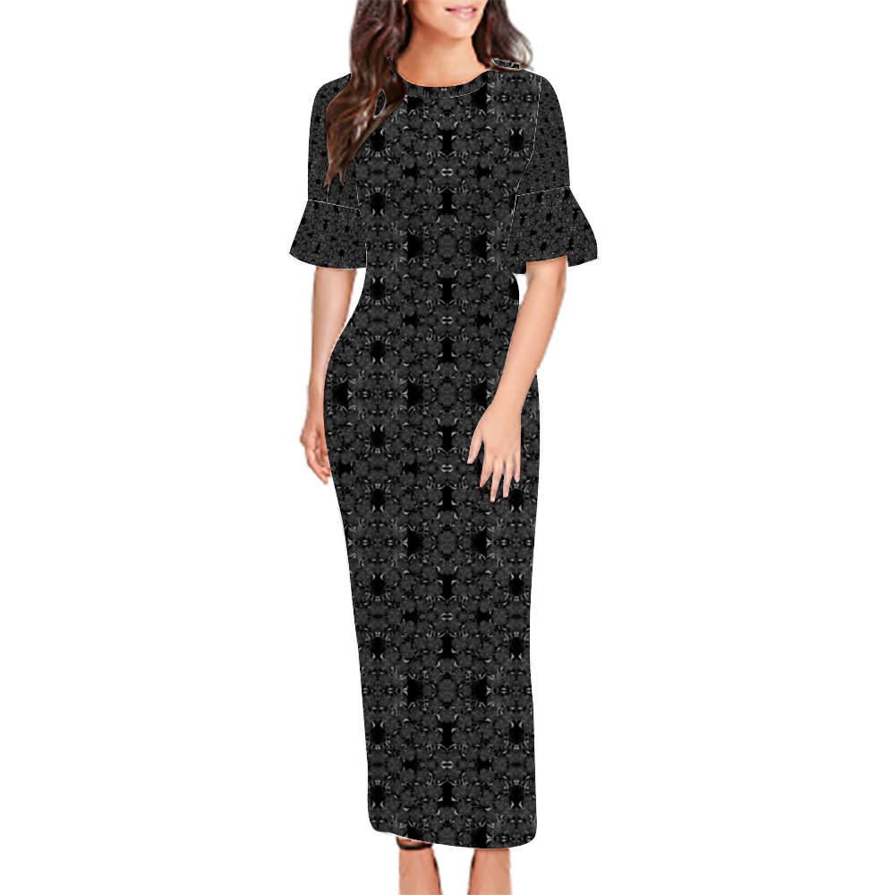 Black Roses Pattern Custom Lotus Leaf Short Sleeve Long Dress Women's Summer Fashion Dress