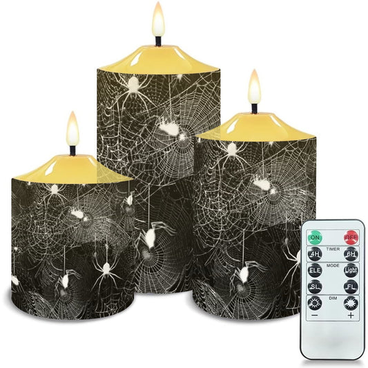 Flameless Candles Lamp Set of 3 Black and White Spider Webs