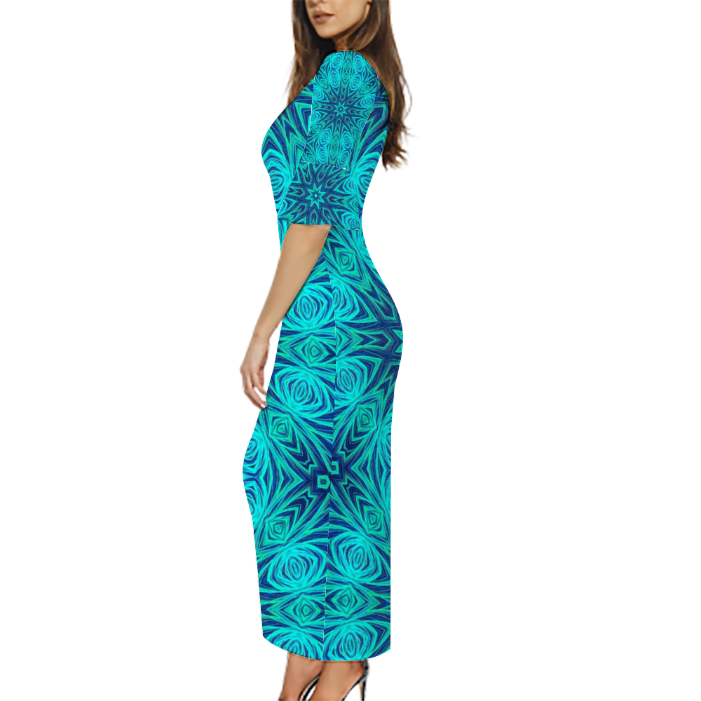 Blue Ice Fractal Kaleidoscope Custom Lotus Leaf Short Sleeve Long Dress Women's Summer Fashion Dress